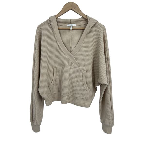 Three Dots Taupe Waffle Knit Hooded Crop Henley XS Oversized V-neck - Picture 1 of 6